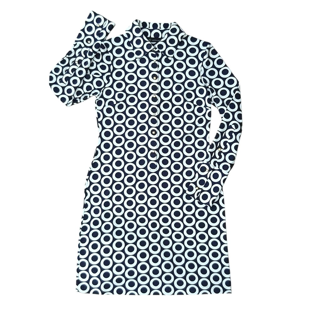 INC International Concepts Dress Womens M Navy Blue And White Gold Shirt Buttons
